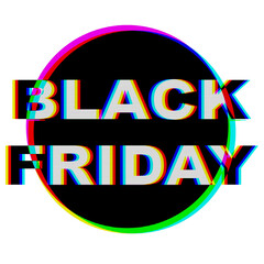 Glitch text on black oval, vibrant 90s design. Retro style, neon distortion, bold colors. Black Friday banners, web headers, digital marketing, modern 90s Y2K creative visuals.