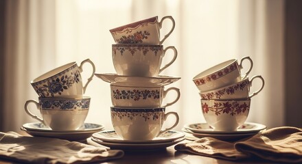 Fototapeta premium Stack of teacups and saucers on a wooden table near a window.