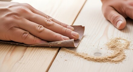 Hand sanding a wooden surface with sandpaper, creating a smooth finish for further treatment