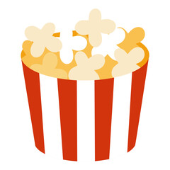 Striped red and white popcorn bucket filled with popcorn. Snack for movies and parties. Simple flat illustration on white background.
