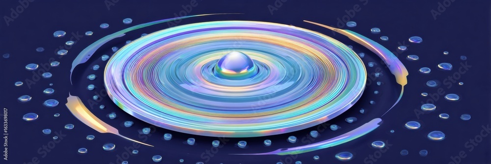 Poster colorful ripple patterns observed in water with a central droplet creating waves in a dark backgroun
