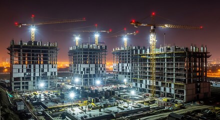 Illuminated construction site at twilight with cranes and partially completed buildings showcasing