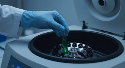 Scientist hand placing green liquid sample into a laboratory centrifuge for analysis
