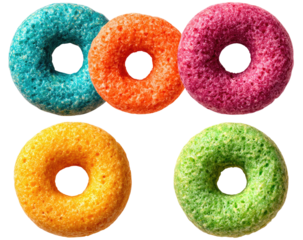 Colorful cereal rings arranged in a grid pattern.  Close-up view of the textured, donut-shaped snacks.  Vibrant hues of orange, pink, teal, yellow and green.  Circular,  isolated, and appetizing