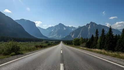 Naklejka premium Majestic Mountain Road Cinematic Background - Path Through Forest to Peaks - Aerial Landscape Nature Photography, 8K Ultra Realistic