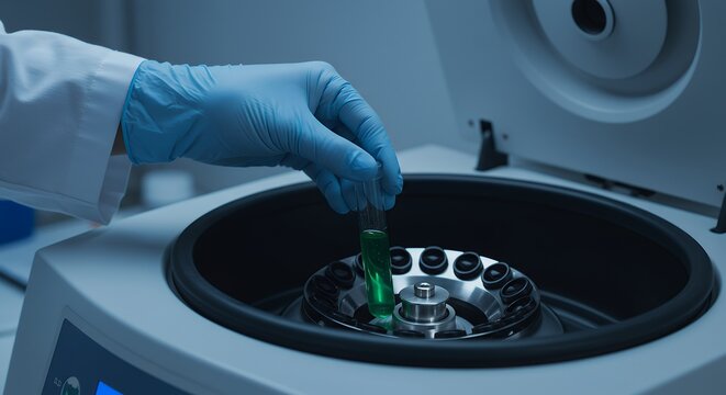 Scientist hand placing green liquid sample into a laboratory centrifuge for analysis