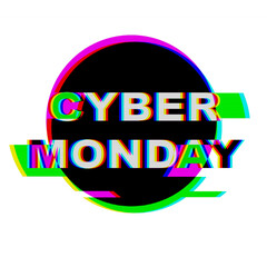 Glitch typography featuring Cyber Monday text in neon green, pink, blue on black oval. Retro 90s, Y2K style, digital distortion. Perfect for social media, headers, banners.