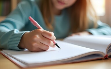 Kid hand holding pen in left hand and writing in open notebook, doing homework. Left Handers Day. High quality