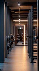 Modern Gym Fitness Area with Weight Racks and Neon Lighting