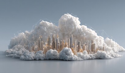 City nestled in a cumulus cloud, connected by lines