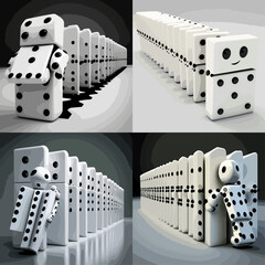 Digital graphic art piece showing four perspectives of dominoes arranged in rows, with small figures positioned within or near the lines of dominoes.