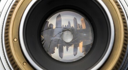 Urban skyline reflected in a camera lens aperture, showcasing photographic optics and technology
