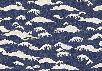 Stylized oceanic expanse with stylized waves and cloud patterns, creating rhythmic visual harmony