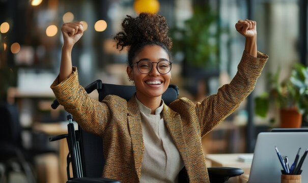 Happy disabled black female employee in a wheelchair celebrating a job promotion and career advancement in an inclusive workplace, Generative AI