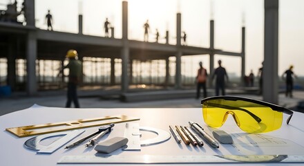 Tools and blueprints on a construction site table with workers building structure