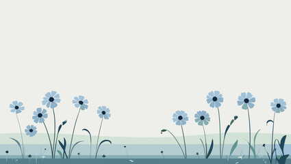 Delicate field of blue flowers with soft green grass on light background