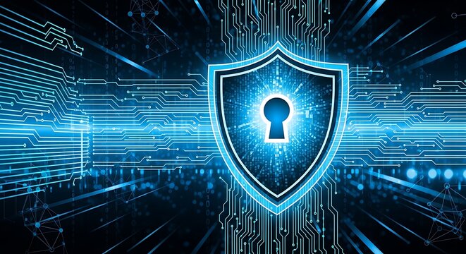 A glowing cybersecurity shield with a keyhole on a digital circuit board background.

