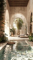 Fototapeta premium Luxurious Indoor Pool Area with Large Arched Windows Natural Sunlight Modern Minimalist Design