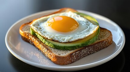 A fried egg on a slice of toast with avocado and a sprinkle of sea salt.