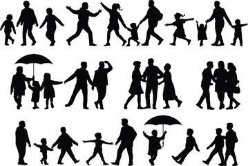 Silhouette of families walking together, parents and children, holding hands, umbrella, outdoor bonding, vector illustration, happy moments, unity, love
