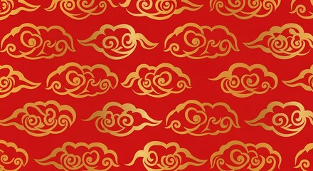Traditional asian clouds motif with golden design and vibrant red background offers a rich