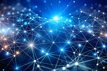 Abstract network of glowing blue nodes and lines representing global digital connections and data flow in a futuristic technological concept