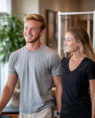 Smiling, fit young couple embraces active, healthy lifestyle together, embodying modern fitness journeys strong well-being. They inspire positive relationships, capturing delightful collective path