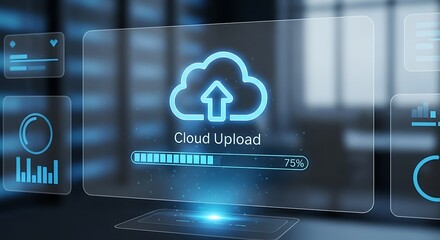 Cloud upload interface on a transparent screen with progress bar and data icons.