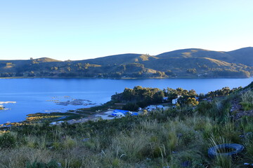 A peaceful view of Lake Titicaca from a hill near San Pablo de Tiquina, Bolivia