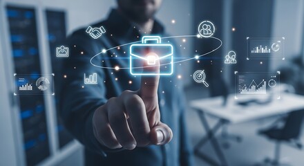 A finger selecting a glowing briefcase icon representing business and career opportunities digitally.
