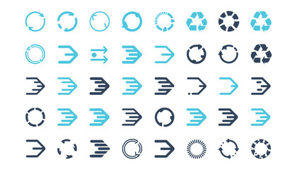 Naklejka premium Set of 35 circular arrow icons in blue and black, ideal for loading indicators, progress visuals, recycling symbols, and UI design elements