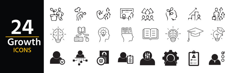 Growth Icons Set: A sleek and modern collection of 24 growth-themed icons, perfect for illustrating concepts such as business development, personal progress, and strategic planning.