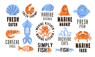 Seafood Logos collection. Simple Seafood Logos for real food branding, restaurant packaging, product identity or digital use. Vector illustration.