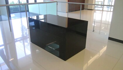 Modern office reception area with a glossy black desk and reflective polished tile floor.