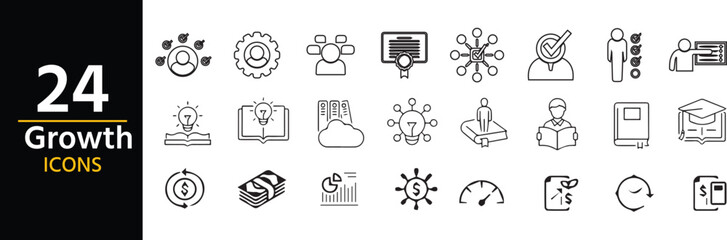 Business Growth Icon Set: A comprehensive collection of 24 minimalist, line-drawn icons, illustrating concepts of business expansion, development, and success.