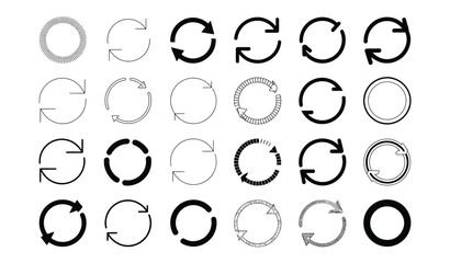 Set of 25 circular arrow icons in varied styles and directions, ideal for UI design, process visualization, and creative graphic projects
