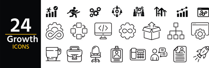 Growth Icons: A vibrant collection of 24 growth icons, designed to communicate concepts of development, progress, and improvement in a sleek and modern design. 