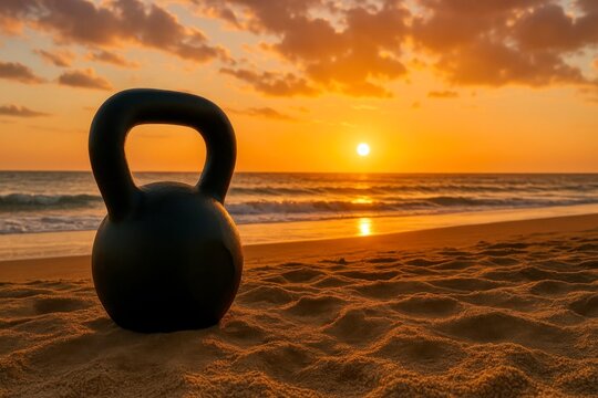 Kettlebell on sandy beach during sunrise, symbolizing outdoor workout, fitness motivation, and healthy lifestyle with warm golden light and ocean waves in the background, photorealistic.