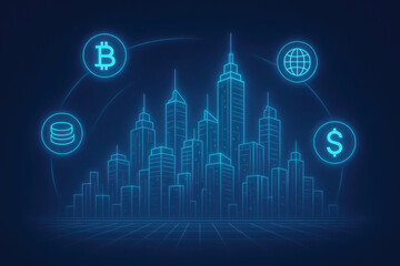 Urban skyline showcasing financial technology symbols with a futuristic glow during the night