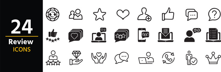 Review Icons: A collection of various icons representing rating, feedback, reviews, and related interactions. A versatile set for web and app design.