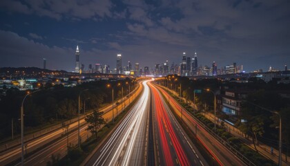 Fototapeta premium Night City Highway with Light Trails and Cityscape 