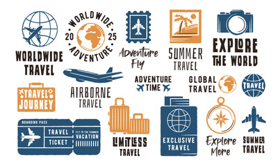 Travel Logo Set. Large set of Travel logos for Vacation, Flight, Journey, Ticket, and Adventure themes. Simple emblems for branding and label. Vector illustration.