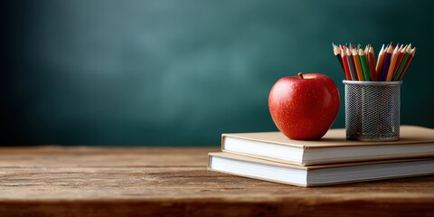 Vivid red apple, stacked books, colorful pencils in holder rest on rustic wooden desk. This classic back-to-school image with blurred chalkboard background perfectly encapsulates learning, education,