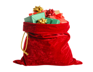 Red Velvet Santa Sack Overflowing with Wrapped Gifts, Standing Upright, Isolated