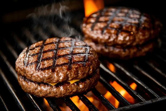 Freshly Cooked Hamburgers Grilling with Vibrant Orange Flames on Dark eef or pork meat barbecue burgers