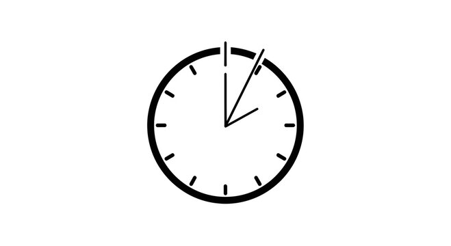 Simple modern clock icon showing it's almost five minutes past one, ideal for time management projects