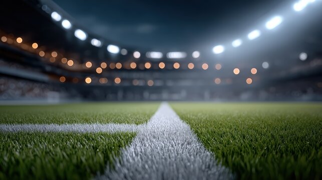 Capture electrifying atmosphere modern sports stadium at night. Vibrant green pitch features crisp white line, powerful floodlights, with blurred spectator stands in background, perfect intense