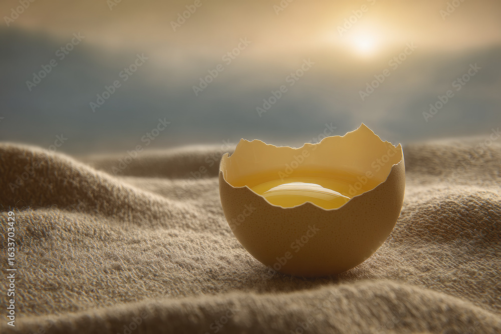 Aufkleber cracked egg shell with raw egg yolk resting on soft textured fabric, illuminated by warm diffused su