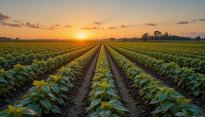 Rows of Young Soybean Plants Emerging at Sunset
