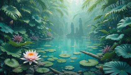 Serene Teal Jungle Pond with Water Lilies and Lush Tropical Leaves

